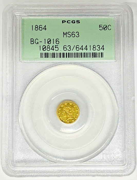 1864 Fractional Half Dollar Gold Coin PCGS/OGH MS 63 BG-1016