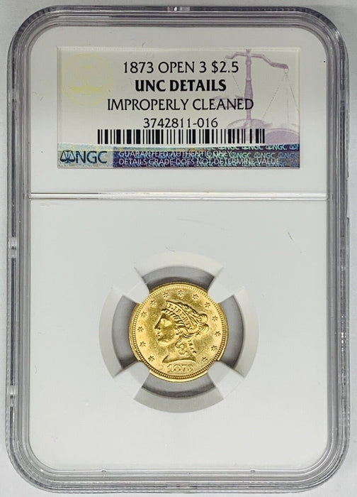 1873 Open 3 $2.50 Liberty Head Quarter Eagle Gold Coin UNC Details Cleaned