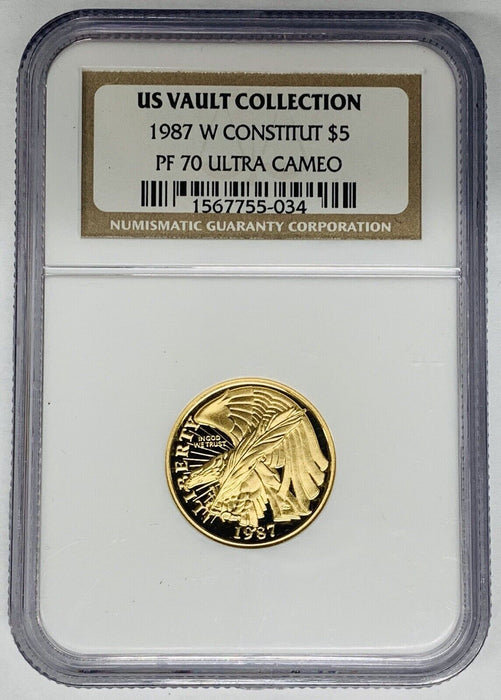 1987-W $5 Proof Constitution Gold Coin NGC PR 70 Ultra Cameo US Vault Collection
