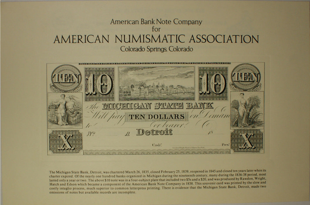 1984 ABNC ANA Detroit Michigan State Bank $10 Bill Souvenir Card