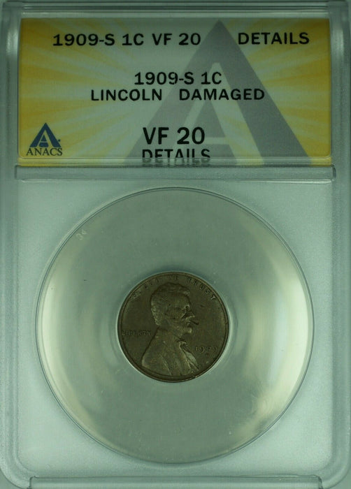 1909-S Lincoln Wheat Cent 1c ANACS VF-20 Details Damaged (10)