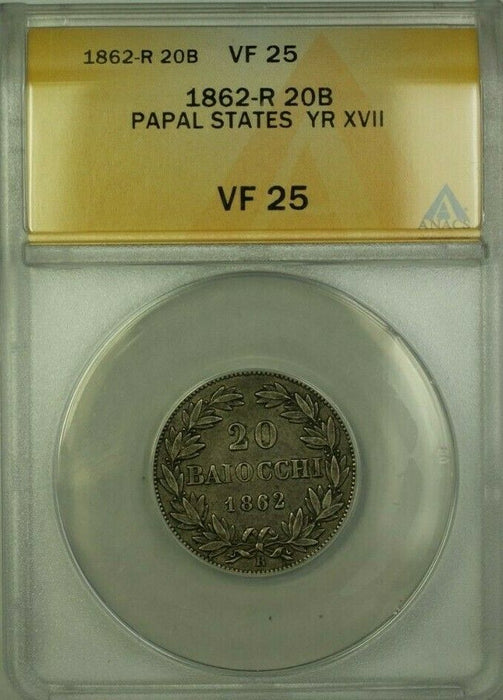 1862-R Papal States Year XVII 20 Baiocchi Coin ANACS VF 25