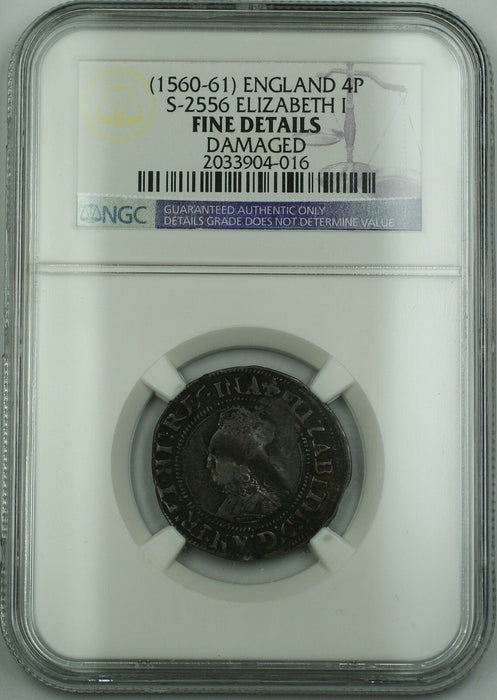 (1560-61) England Silver Groat 4P Coin S-2556 Elizabeth I NGC F Det. Damaged AKR