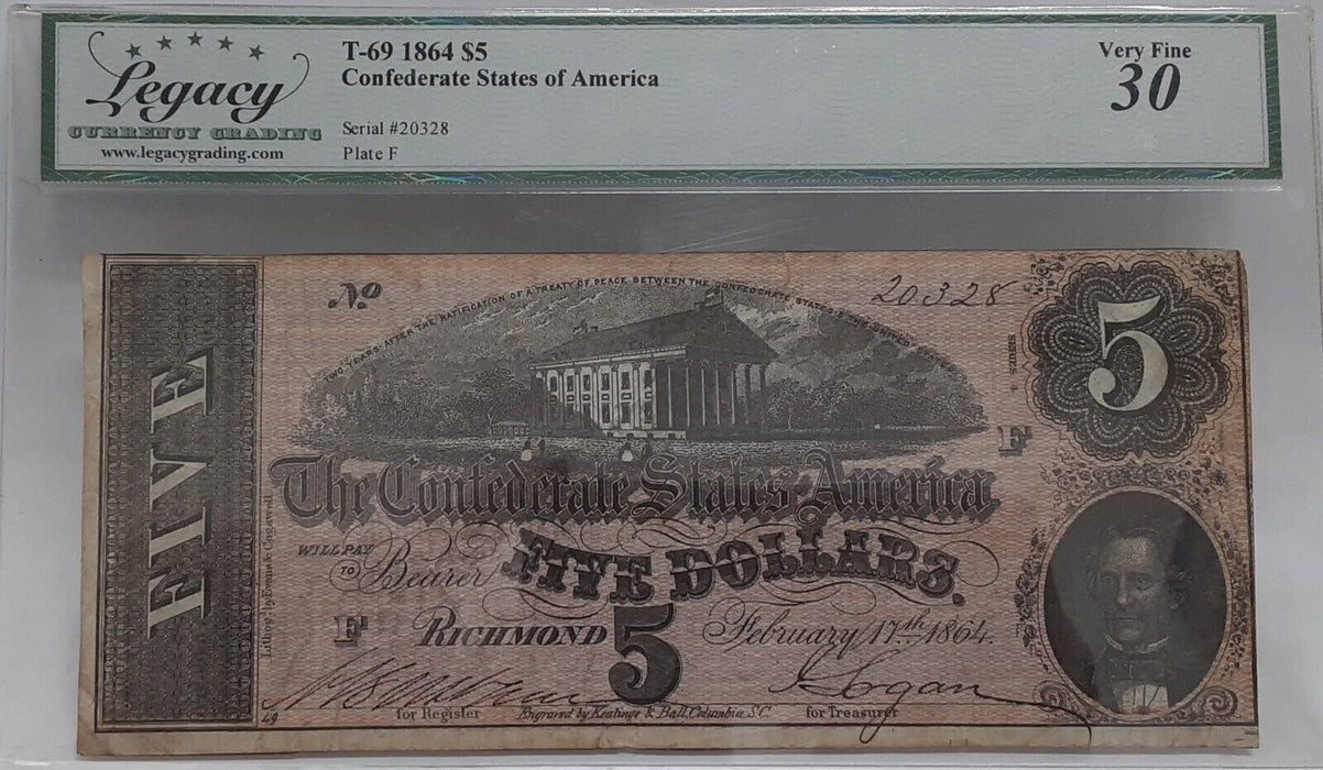 1864 Issue CSA $5 Note Capitol at Richmond T-69  Legacy VF 30 w/Comments    A