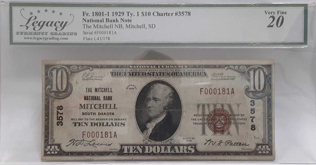 1929 $10 National Currency Ty1 Mitchell NB, Mitchell SD CH#3578 Legacy VF-20