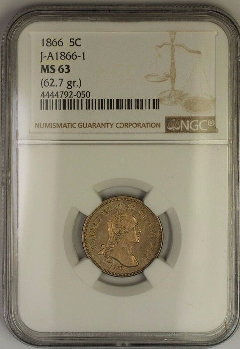 1866 Nickel Pattern 5c Coin NGC MS-63 J-A1866-1 J-461 Obv. Judd WW
