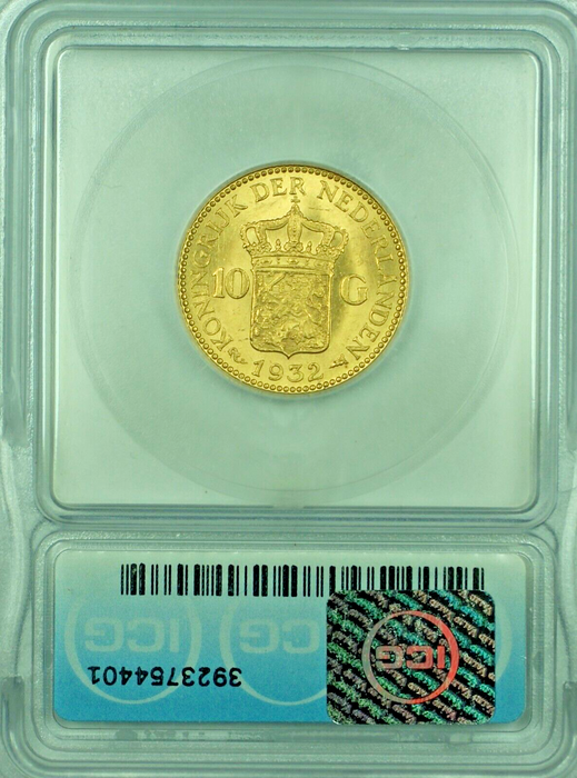 1932 Netherlands Gulden Gold Coin ICG MS 65