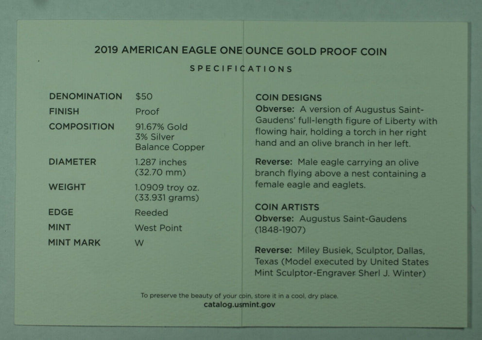 2019-W $50 American Gold Eagle Proof Coin, 1OZ .999 Fine Gold-Box & COA