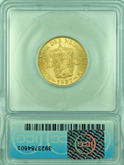 1927 Netherlands Gulden Gold Coin ICG MS 64