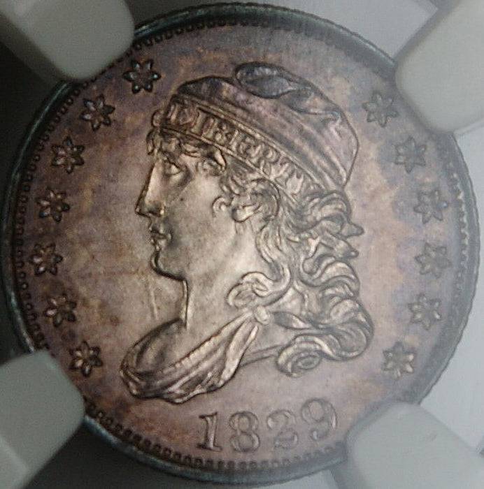 1829 Capped Bust Silver Half Dime, NGC UNC Details, Toned Gem BU Example BW