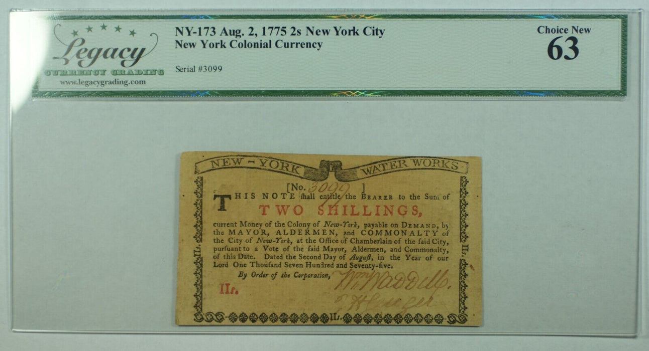 1775 2 Shillings New York Colonial Currency NY-173 Legacy MS 63