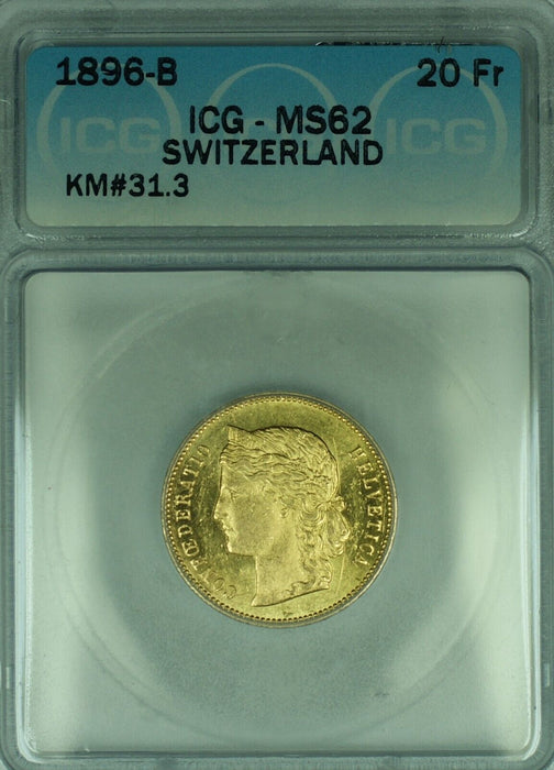 1896-B Switzerland 20 Francs Gold Coin ICG MS 62+