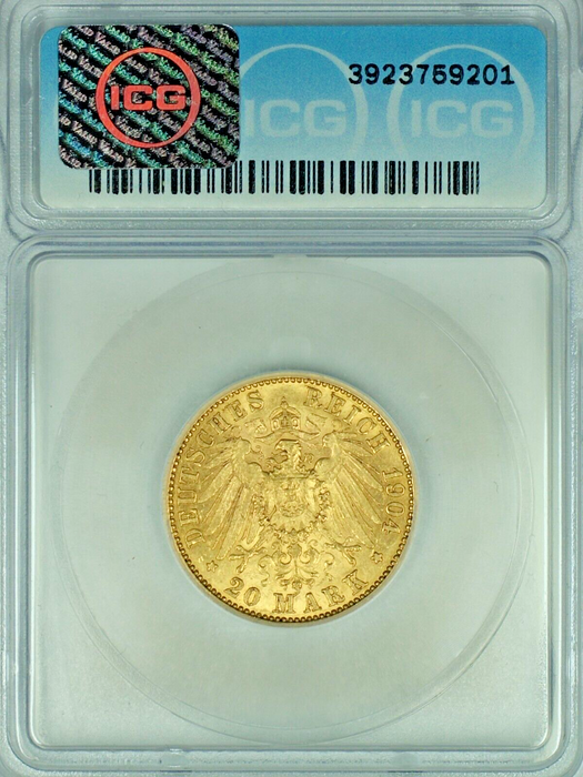 1904-A G.S. Prussia 20 Marks Gold Coin ICG AU 53