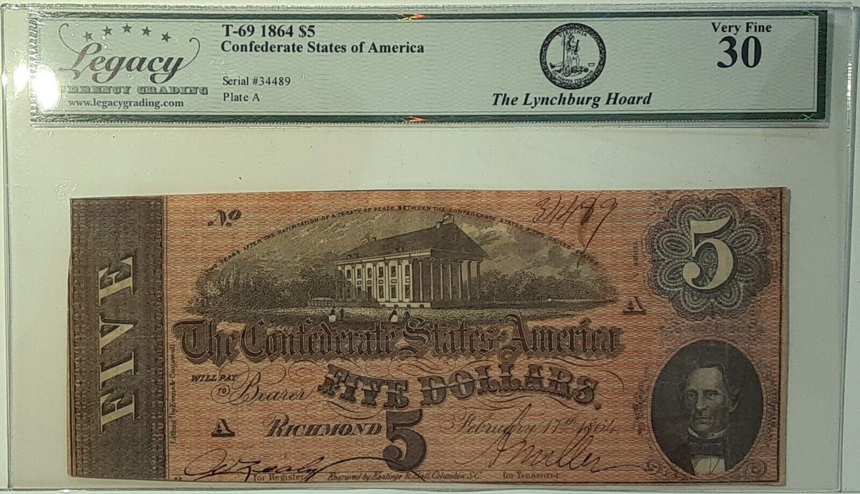 1864 Issue CSA $5 Note T-69  Legacy Very Fine 30   Lynchburg Hoard   D