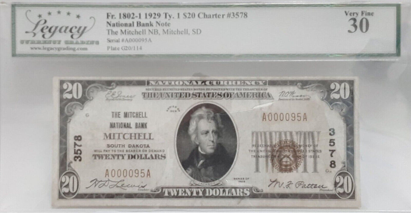 1929 $20 National Currency Ty1 Mitchell NB, Mitchell SD CH#3578 Legacy VF-30