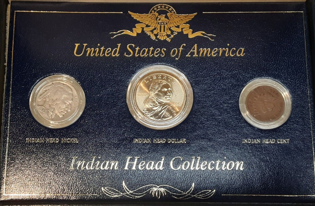 USA Indian Head Collection - Incl. Indian 1C, Buffalo 5C & Sacagawea $1 w/Case