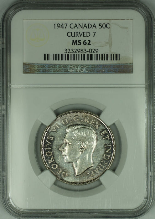 1947 Canada 50c Half Dollar *Curved 7* NGC MS-62, PL Prooflike Silver Coin