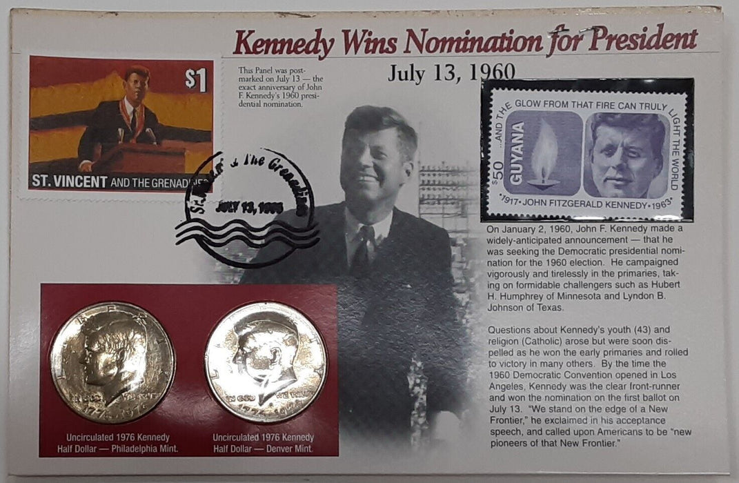 Kennedy Half Dollar Collection w/Stamps on Info Card/1960 JFK Nominated