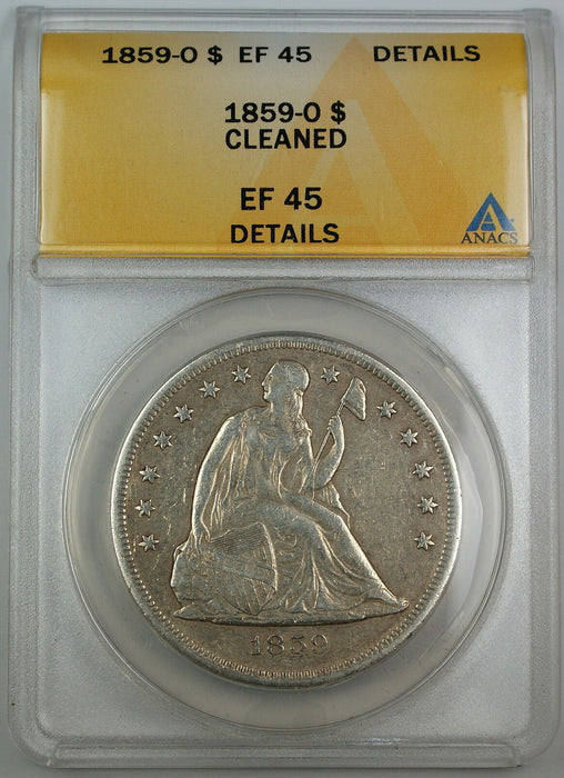 1859-O Seated Liberty Silver Dollar, ANACS EF-45 Details, Cleaned Coin