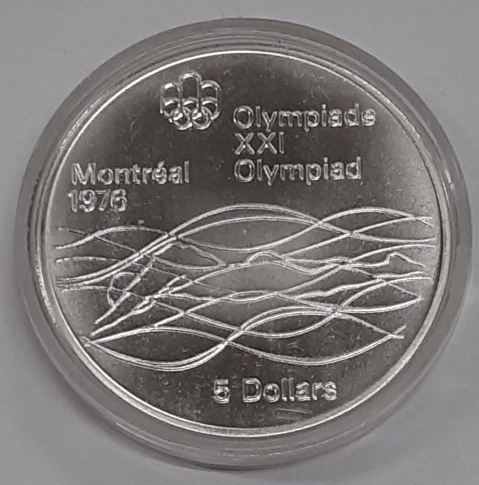 1975 Canada RCM $5 Silver 1976 Montreal Olympic Games Silver Coin - Swimming