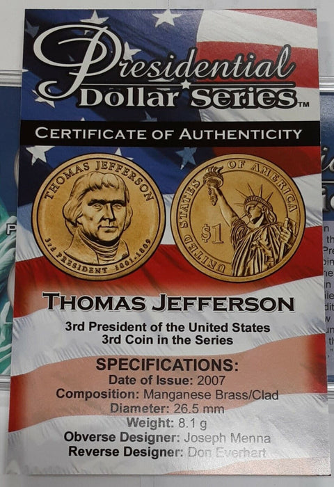 2007 P & D Thomas Jefferson Presidential $1 Coins Uncirculated in Case w/COA