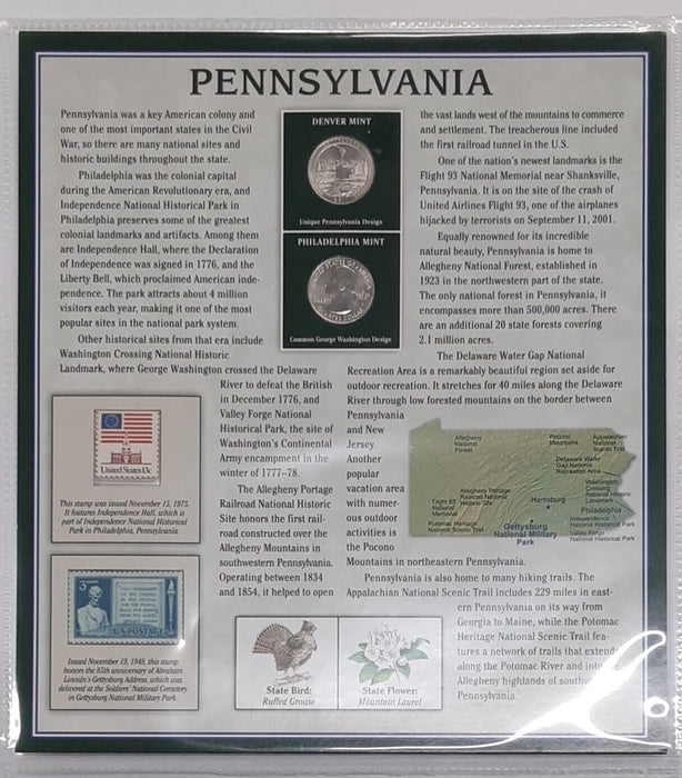 2011 Pennsylvania Gettysburg Nat'l Mil. Park Quarter P&D w/2 Stamps Display Card