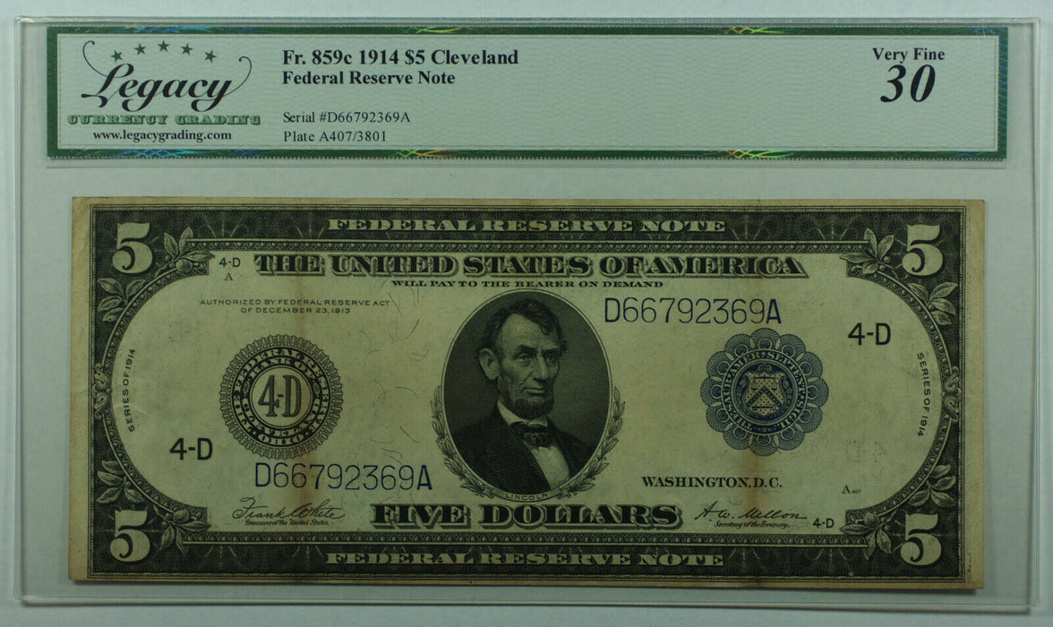 1914 Five Dollar Cleveland OH Federal Reserve Note FRN $5 Fr. 859c Legacy VF-30