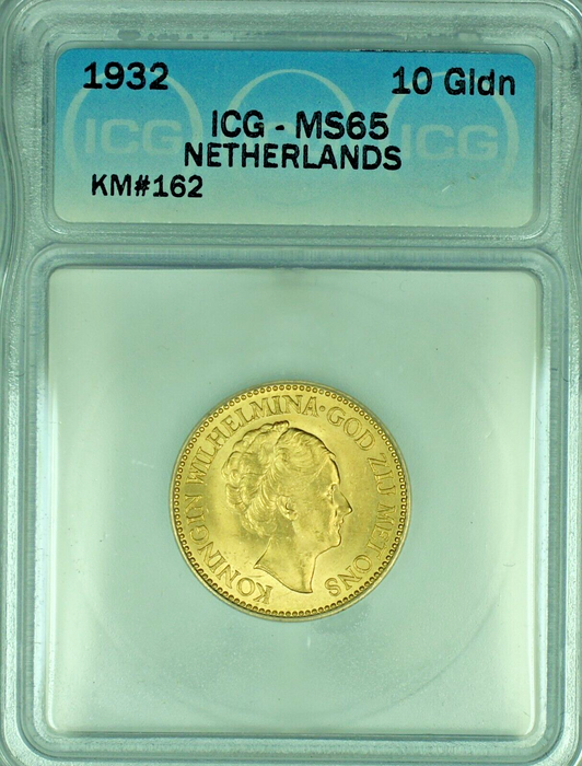 1932 Netherlands Gulden Gold Coin ICG MS 65