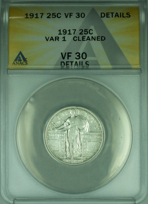 1917 Var 1 Standing Liberty Silver Quarter 25c Coin ANACS VF-30 Details  (39)