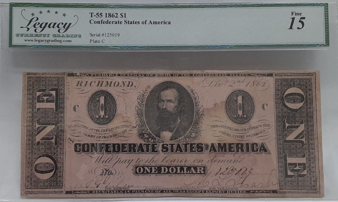 1862 Issue CSA $1 Note Clement Clay T-55   Legacy Fine 15 w/Comments