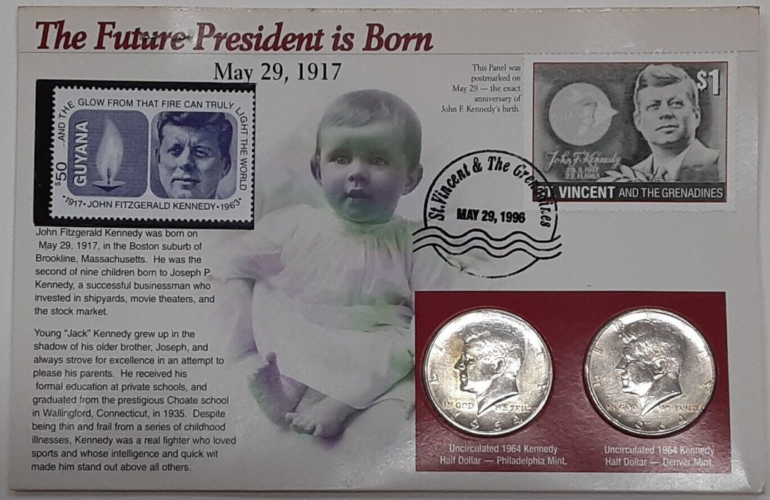 Kennedy Half Dollar Collection w/Stamps on Info Card/1917 JFK Born