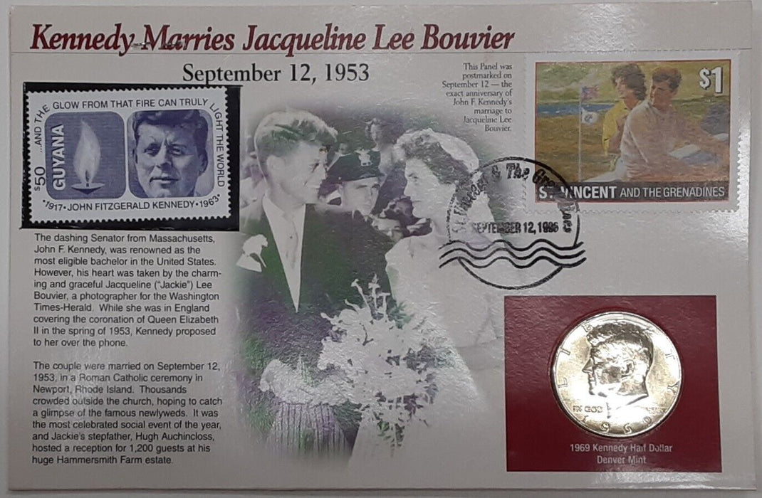 Kennedy Half Dollar Collection w/Stamps on Info Card/1953 JFK Marries Jackie