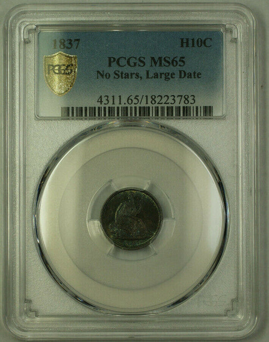 1837 Silver Half Dime PCGS MS-65 No Stars Large Date Toned (Undergraded)