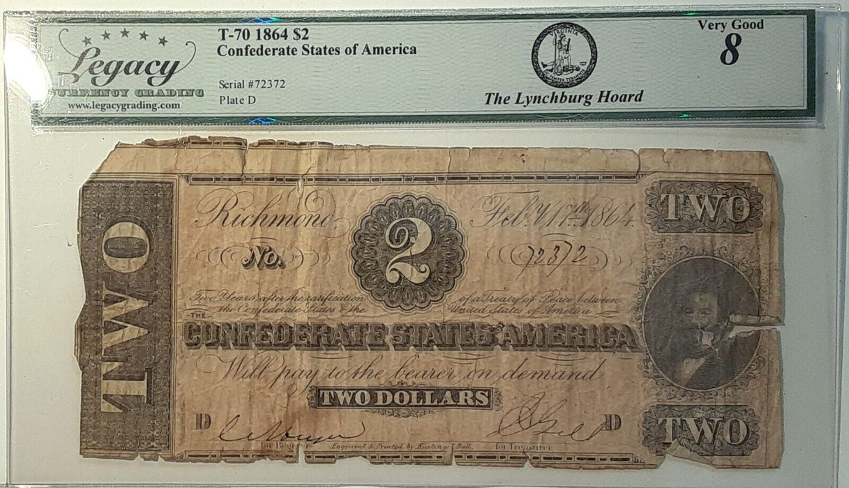 1864 Issue CSA $2 Note T-70  Legacy Very Good 8 w/Comments   Lynchburg Hoard   B