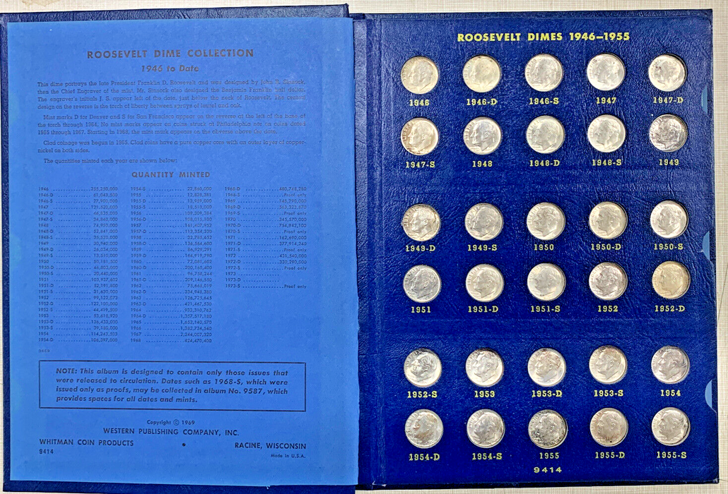 1946-1973 Roosevelt Dime Silver/Clad AU/BU Complete Set-Whitman Deluxe Album (U)