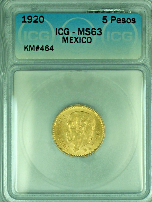 1920 Mexico 5 Pesos Gold Coin ICG MS 63