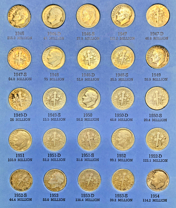 1946-1970 Roosevelt Silver/Clad Dime Set, Whitman Coin Folder (G)