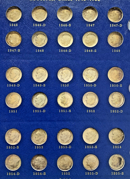 1946-1970 Roosevelt Silver Dime Toned Complete Set-Whitman Deluxe Album (O)