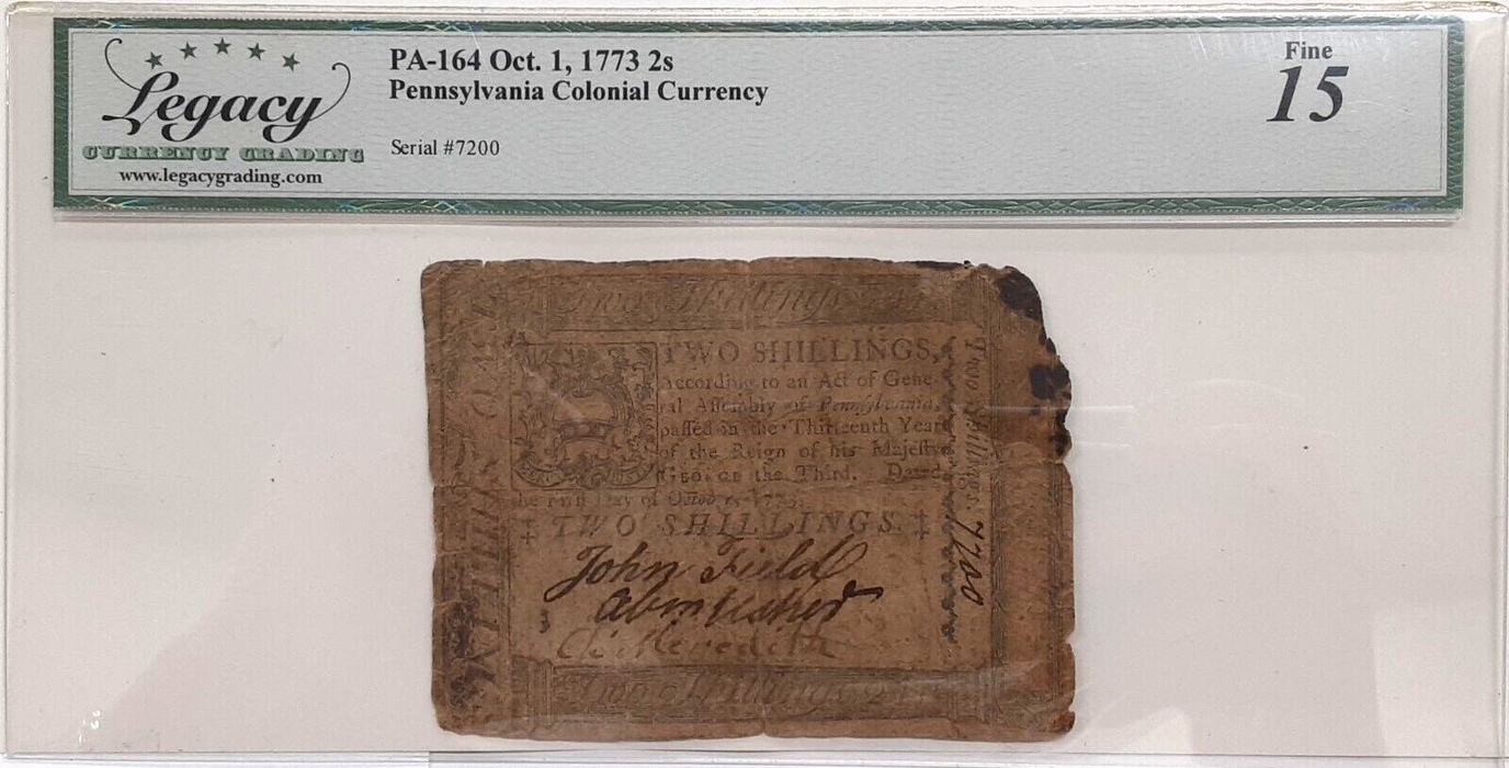 1773 PA Colonial Currency 2 Shillings Note PA-164 Legacy Fine-15 w/Comments