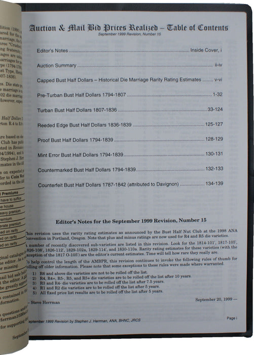 Sept 1999 #15 S. J. Herrman Auction & Mail Bid Prices Realized R4-R8 Bust Half