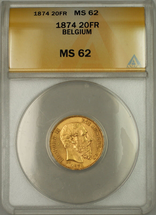 1874 Belgium 20 Francs Gold Coin Leopold II ANACS MS-62