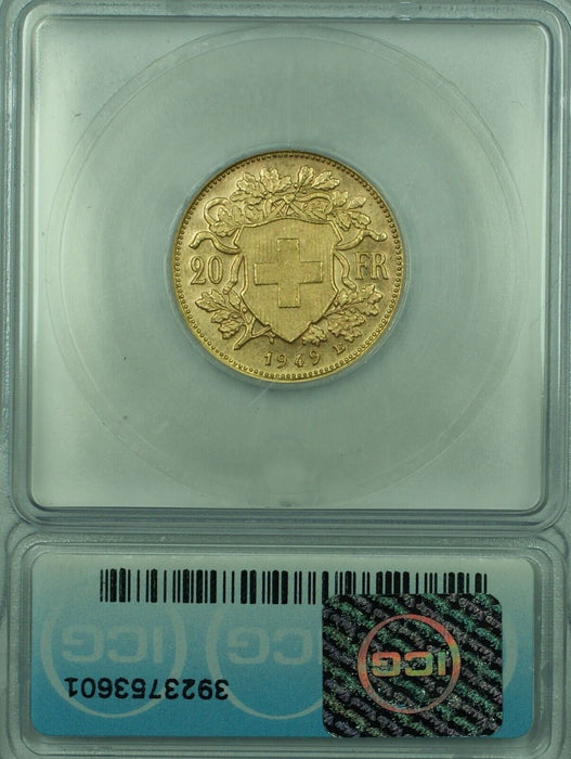 1949-B Switzerland 20 Francs Gold Coin ICG MS 65