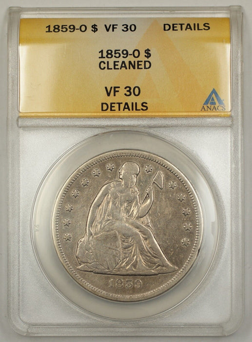 1859-0 Seated Liberty Silver Dollar $1 ANACS VF-30 Details Cleaned