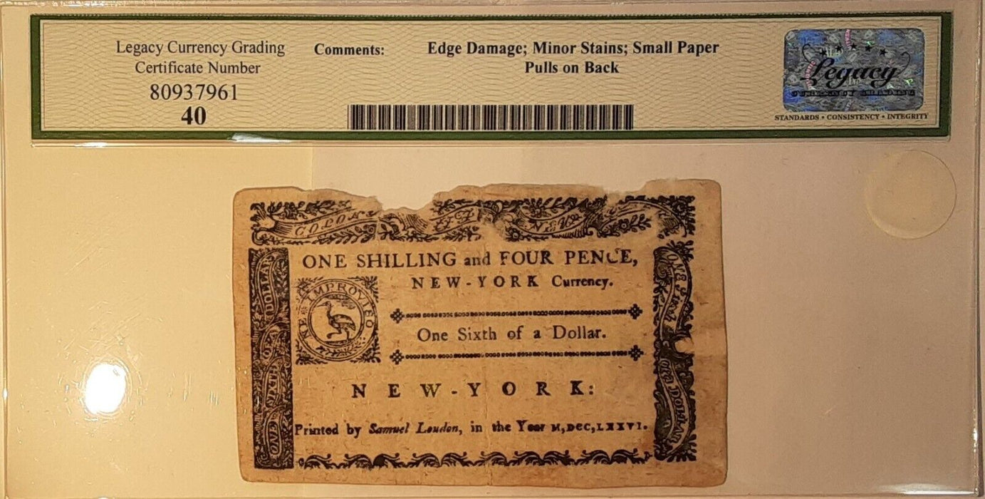 March 5, 1776 $1/6 New York Colonial Currency Legacy EF 40 w/Comments  NY-186
