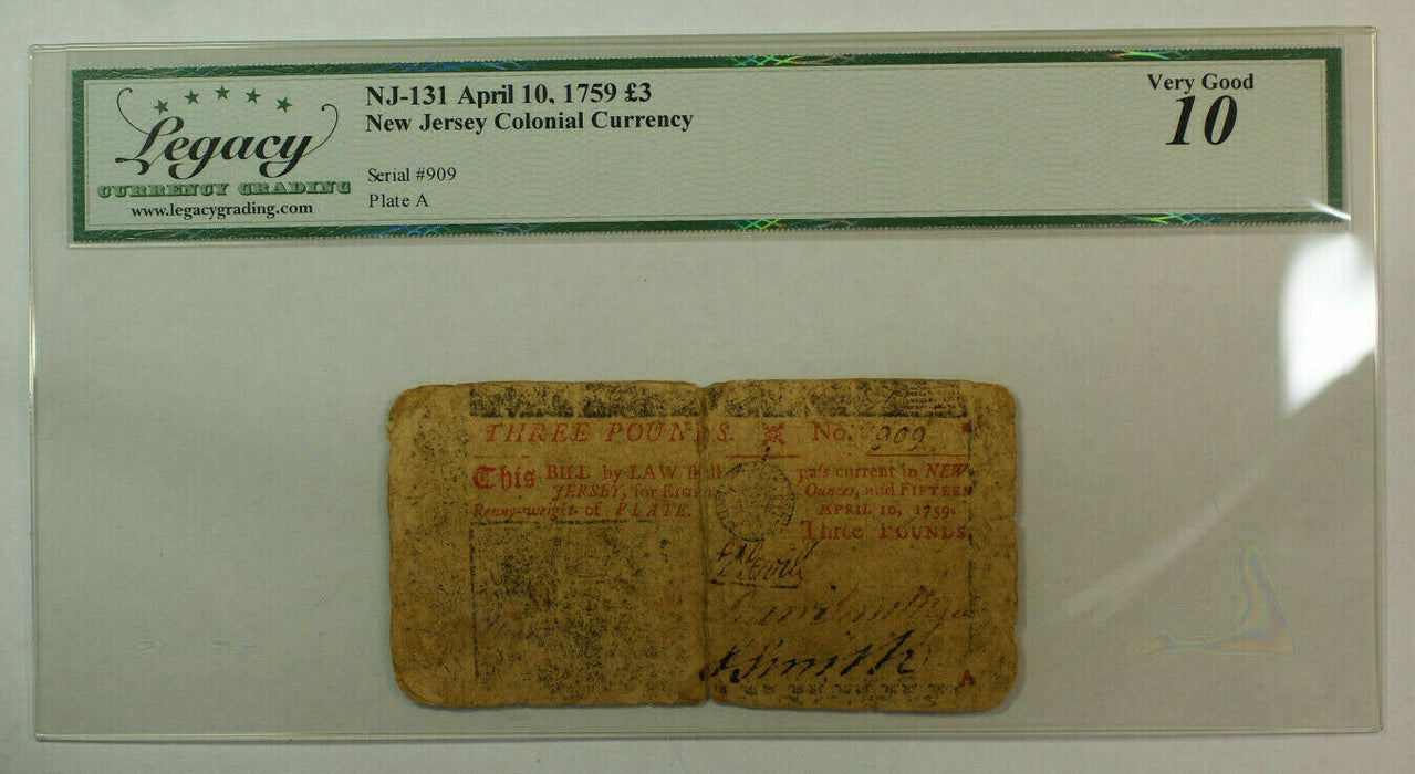 April 10th 1759 3 Pounds New Jersey NJ-131 Colonial Currency Legacy VG-10 (AKR)