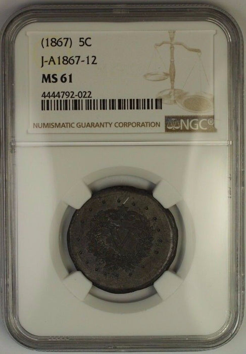 1867 Nickel Pattern 5c Coin NGC MS-61 J-A1867-12 J-565 Reverse Judd WW