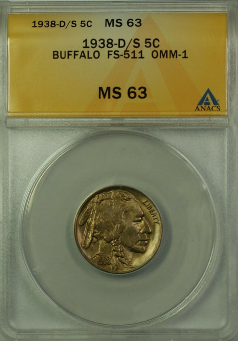 1938-D/D Buffalo Nickel 5c Coin ANACS MS-63 FS-511 OMM-1 Better Coin