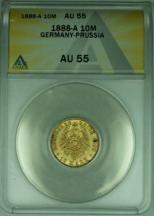 1888-A Germany-Prussia 10M Mark Gold Coin ANACS AU-55