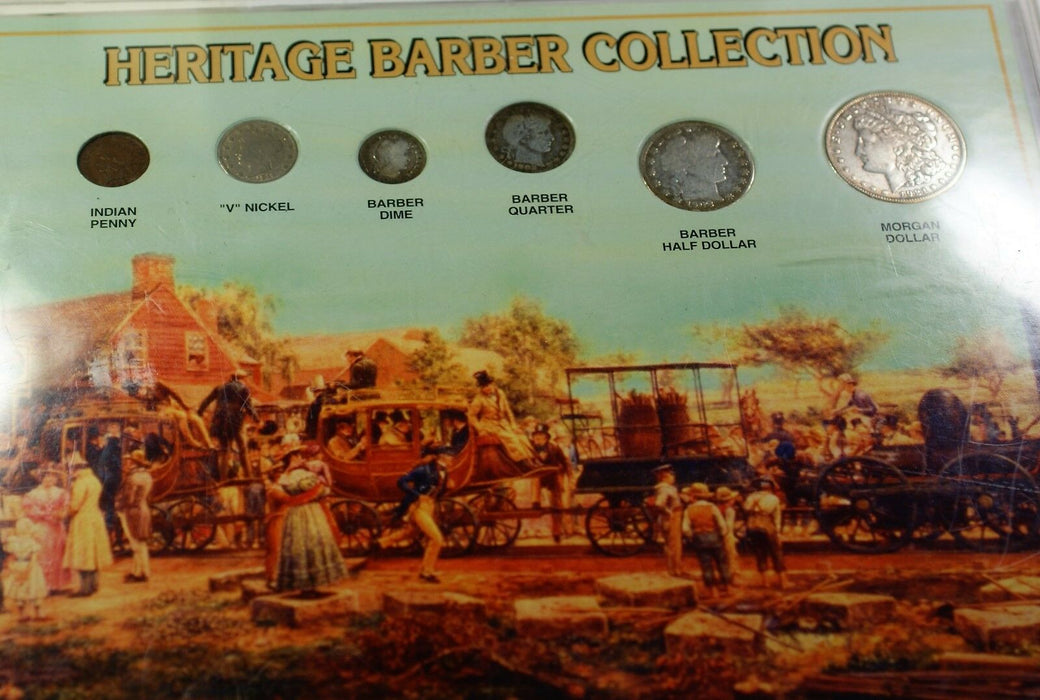 Heritage Barber 6 Coin Collection Morgan $1 4 Silver Liberty Nickel Indian Cent