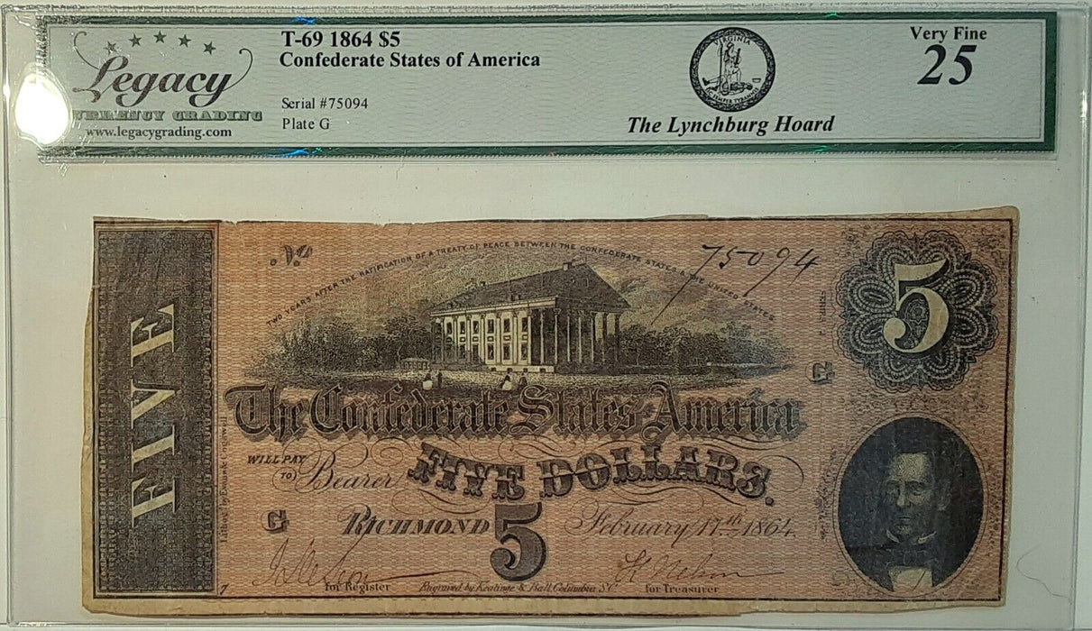 1864 Issue CSA $5 Note T-69  Legacy Very Fine 25 w/Comments   Lynchburg Hoard  H